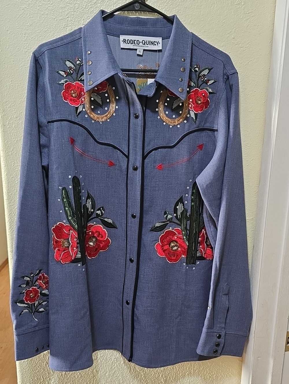 Rodeo Quincy Women's Blue Embroidered Western Shirt with Red Floral Accents